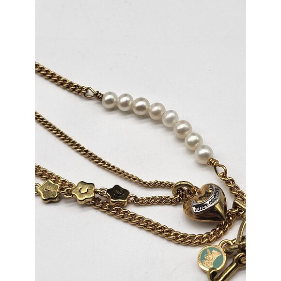 JUICY COUTURE Gold Tone Double Strand Charm Necklace Puffy Heart Spell out Pearl - Picture 6 of 11